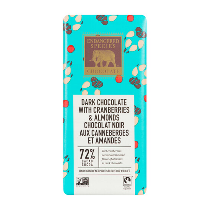 Endangered Species | 72% Cacao Dark Chocolate Bar With Cranberries & Almonds