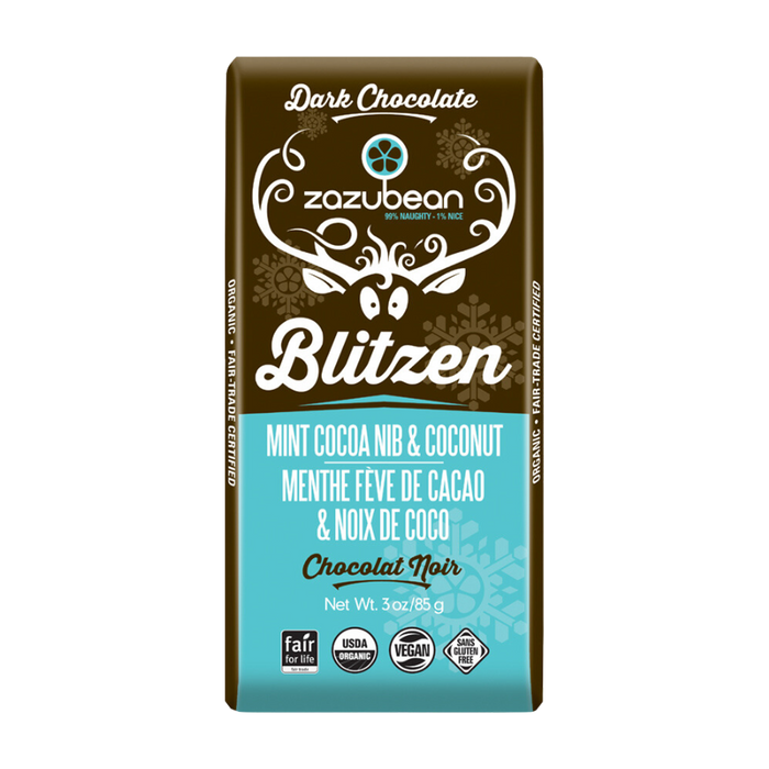 Zazubean | Blitzen Mint Cocoa Nib & Coconut Dark Chocolate Bar 85g