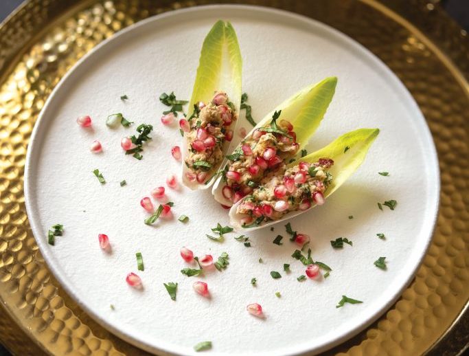 Holiday Spice Hummus Endive Boats with Pomegranate