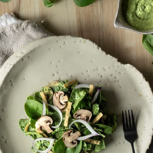 Fresh Spinach and Mushroom Salad with Creamy Avocado Green Goddess Dressing