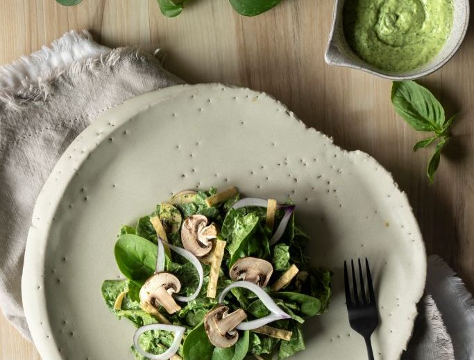 Fresh Spinach and Mushroom Salad with Creamy Avocado Green Goddess Dressing