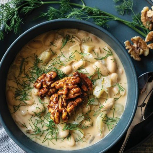 White Bean Dill Soup with Sweet and Smoky Walnuts Recipe