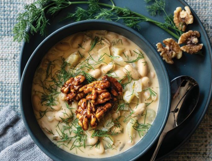White Bean Dill Soup with Sweet and Smoky Walnuts Recipe